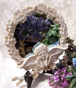 Angel Figure Framed Round Mirror Cast Iron - 10073