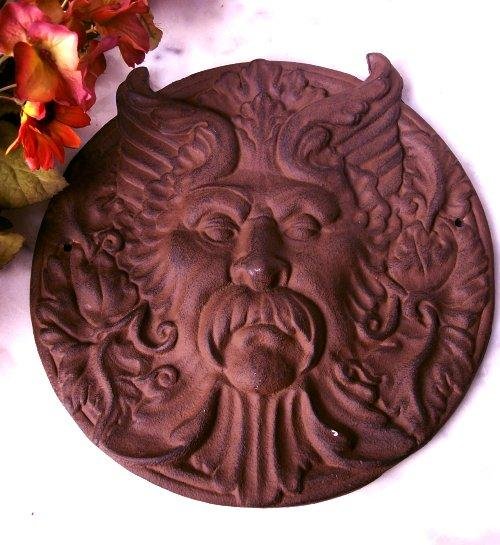 Cast Iron Man Pagan Devil Face Wall Plaque Round Rust - 05654