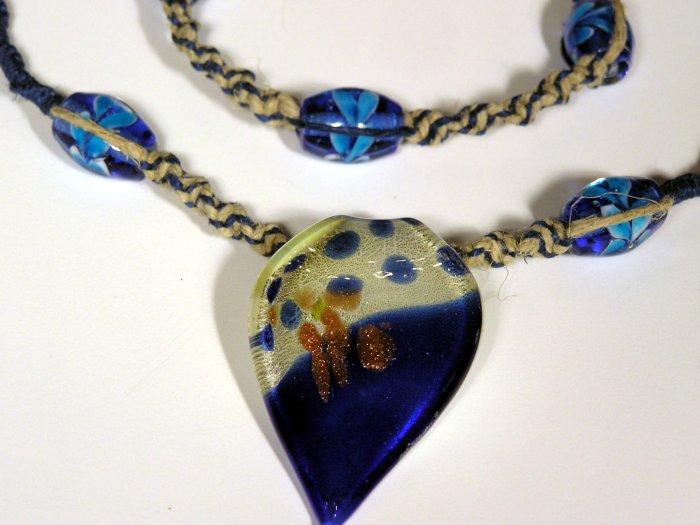 Shades of Blue Murano Glass Leaf Pendant - Hippie Bling Hemp Necklace and Bracelet - Nixplicit 012S