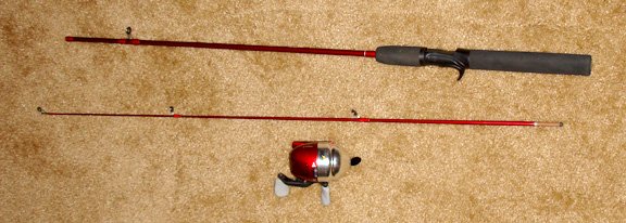 red fishing rod + tackle box