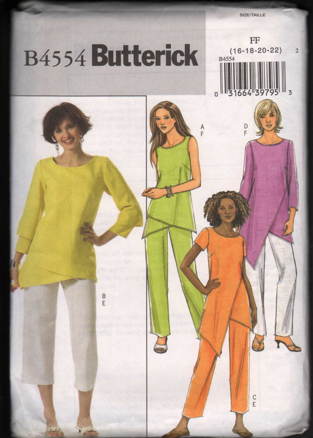 OOP Butterick 4554 Misses Tunics w/Hem & Sleeve Variations & Pants SZ 16-22 FF
