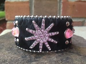 Pink and black wide Cuff Bracelet With Genuine Leather & Austrian Crystal~ NWT