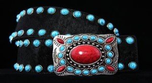 BLACK & TURQUOISE & RED Wide Belt~Black Genuine Leather~l~All sizes~NWT