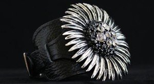 Black & Gray Leather Flower Buckle Cuff ~Embellished In Genuine Crystal~NWT~CUTE