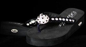 BLACK BLING Wedge heel FLIP FLOP Austrian Crystal & Leather SIZES 6-10 nwt