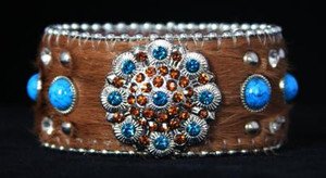 Bling Cowgirl Bracelet~Cuff Brown & Turquoise Genuine Leather & Crystals NWT