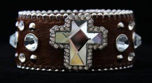 Western Bling Cuff Bracelet Dark Brown~ Leather Hair on Hide NWT Cross Cuff