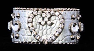 Silver Heart Bling Leather Adjustable Cuff w/ Crystal NWT Retails For $39+++