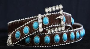 Brown & Turquoise Skinny Belt~Genuine Leather & Austrian Crystal NWT~ALL Sizes!