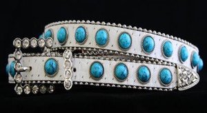 White & Turquoise Skinny Belt~Genuine Leather & Austrian Crystal NWT~ALL Sizes!
