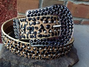 Cowgirl Belt~Leopard Print Bling Belt Genuine Leather & Black Crystal~NWT~large