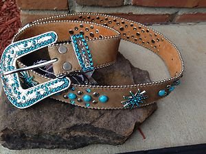 Turquoise Belt With GENUINE Austrian Crystals~genuine Leather Hair On Hide~small