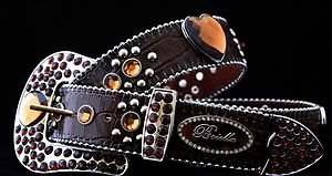 Brown Heart Belt Genuine Leather & Austrian Crystal~Hair On Hide NWT S, M, L,~