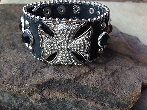 Black Bling Iron Cross CUFF~Genuine Leather & Austrian Crystal~Adjustable NWT!
