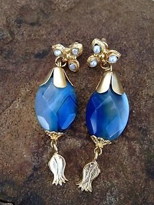 Turkish Jewelry~Earings Blue Carnelian earrings~24KGP OVER BRASS~From Turkey
