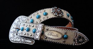Turquoise Bling BELT White Gen LEATHER Hair on hide & Austrian Crystal ALL SIZES