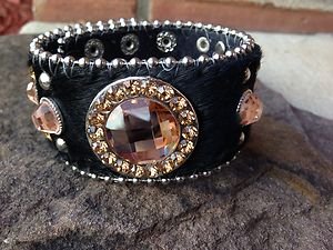 Black Cuff Leather & Hair On Hide ~Genuine Austrian Crystal NWT~Adjustable Cuff