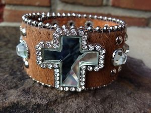 Western Bling Cuff Bracelet Brown~ Genuine Leather Hair on Hide NWT Cross Cuff