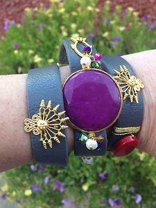 Turkish Jewelry Leather Wrap Bracelet With Purple Jade and Genuine Stones NWT!!
