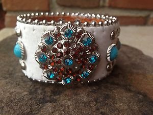 Bling Cowgirl Bracelet~Cuff White Turquoise Genuine Leather & Crystals NWT