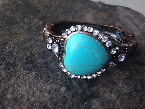 Copper Jewelry Heart Bracelet With Genuine TURQUOISE Austrian Crystals-NWT CUTE
