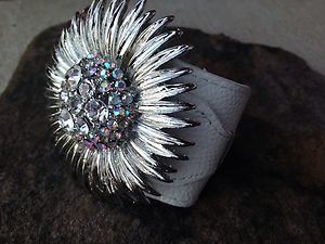 WHITE GENUINE Leather Flower Cuff ~Embellished in Genuine Austrian Crystal~ NWT
