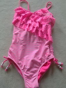 JUSTICE PINK ONE PIECE SWIMSUIT STRIPE & STAR RUFFLE SIZE 16~NWT~Adorable!!