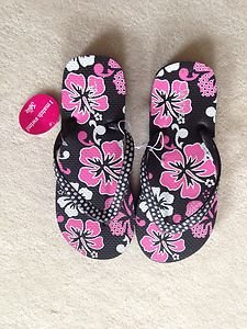 NWT GIRLS JUSTICE SZ 4-5 FLIP FLOPS SANDALS Pink & Black~cute!!