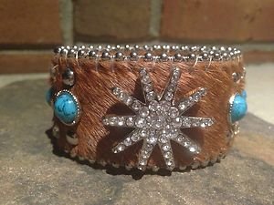 Turquoise Wide CUFF With GENUINE Leather & Austrian Crystal Star~Hair on Hide