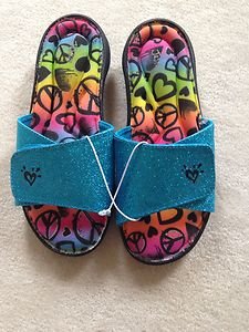 NWT GIRLS JUSTICE SZ 7 FLIP FLOPS SANDALS~teal With Peace Signs~cute!!