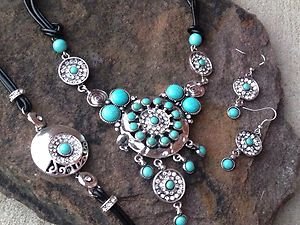 Turquoise jewelry set~Turquoise Genuine Leather adorned w/ Crystal ~Retail $120+