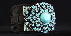 Black Leather Cuff ~Embellished in Turquoise & Gen Turquoise Crystal~NWT Buckle