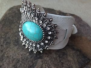 WHITE GENUINE Leather Buckle Cuff ~Embellished in TURQUOISE & Clear Crystal~ NWT