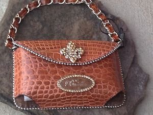 Clutch Cell PURSE FLEUR DE LIS GENUINE LEATHER & Gold Austrian Crystal NWT~