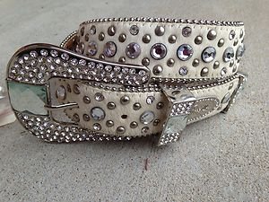 White BLING Belt Genuine Leather Hair on Hide & Genuine Crystal~Small~ NWT
