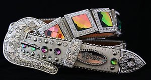 Western COWGIRL BLING Belt White Genuine Leather Hair on Hide & Genuine Crystal~