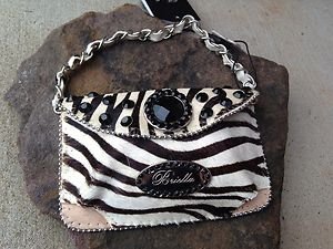 Zebra Print Clutch Cell PURSE GENUINE LEATHER With Austrian Crystal NWT~