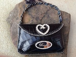 Black Heart Clutch Cell PURSE GENUINE LEATHER & Austrian Crystal NWT~adorable!