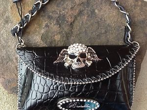 Black Scull Clutch Cell PURSE GENUINE LEATHER & Austrian Crystal NWT~adorable!