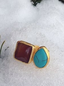Turkish Jewelry Genuine Turquoise & Red Jade Ring~ Made In Turkey~NWT~BEAUTIFUL