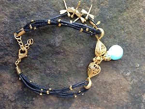 Turkish Jewelry Turkish Charm Bracelet Black Calf Leather and Turquoise 24k GP