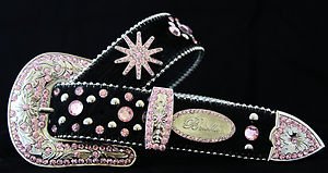 Western Crystal Belt~Black And Pink Genuine Leather~Hair On Hide~ & Crystal~NWT