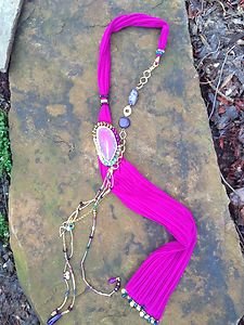 Turkish Necklace~Scarf Pink Adorned With Semi Precious Gemstones One Of A Kind!