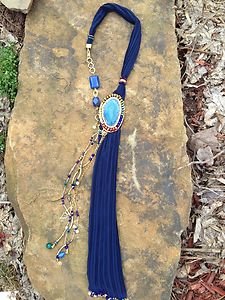 Turkish Necklace~Scarf Blue Adorned With Semi Precious Gemstones One Of A Kind!