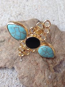 Turkish Ring~Genuine Turquoise & Onyx~24K PLATED~~NWT~BEAUTIFUL~Made in Turkey