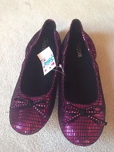 JUSTICE SHOES Pink Fushia Sparkle~ METALLIC BALLET FLATS~ YOUTH SIZE 8-NWT!!