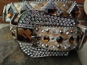 Cowgirl Bling Belt~Brown Genuine Leather~Hair On Hide~ & Crystal~BEAUTIFUL!! NWT