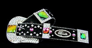 Cowgirl Bling Belt~Black & Iridescent Genuine Leather~Hair On Hide & Crystal~NWT