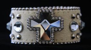 White Western Bracelet With Austrian Crystals~Genuine Leather w/ Cross NWT