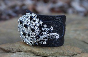 Black Leather Buckle Cuff ~Embellished in Black & Clear Crystal~"STUNNING" NWT